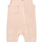Beloved Bubs sleeveless bamboo romper in soft cloud pink, flat lay front view – lightweight, breathable fabric with zipper for easy dressing.
