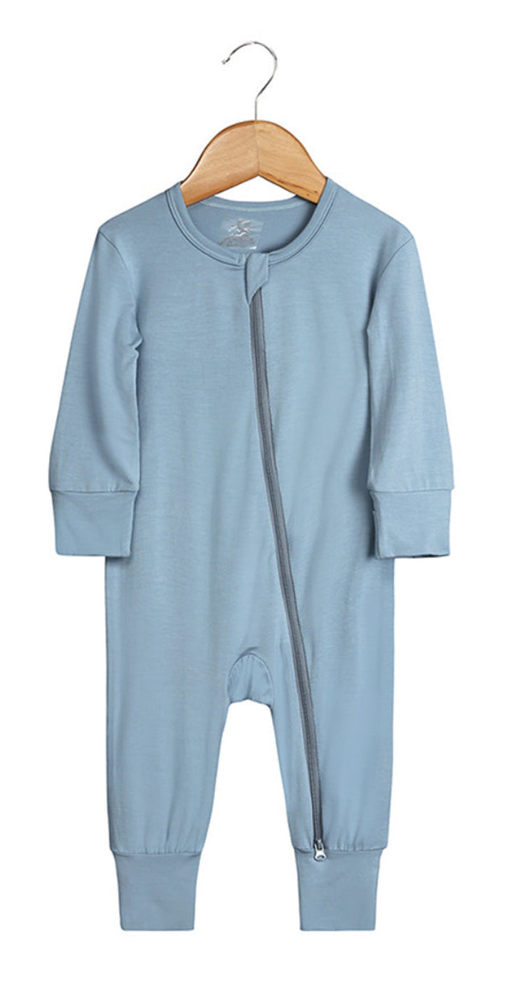 Beloved Bubs long sleeve bamboo romper in light blue – lightweight, hypoallergenic infant romper with stretchy fabric for comfort