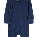 Beloved Bubs long sleeve bamboo romper in navy blue – ultra-soft, eco-friendly babywear with snug fit and zipper closure.