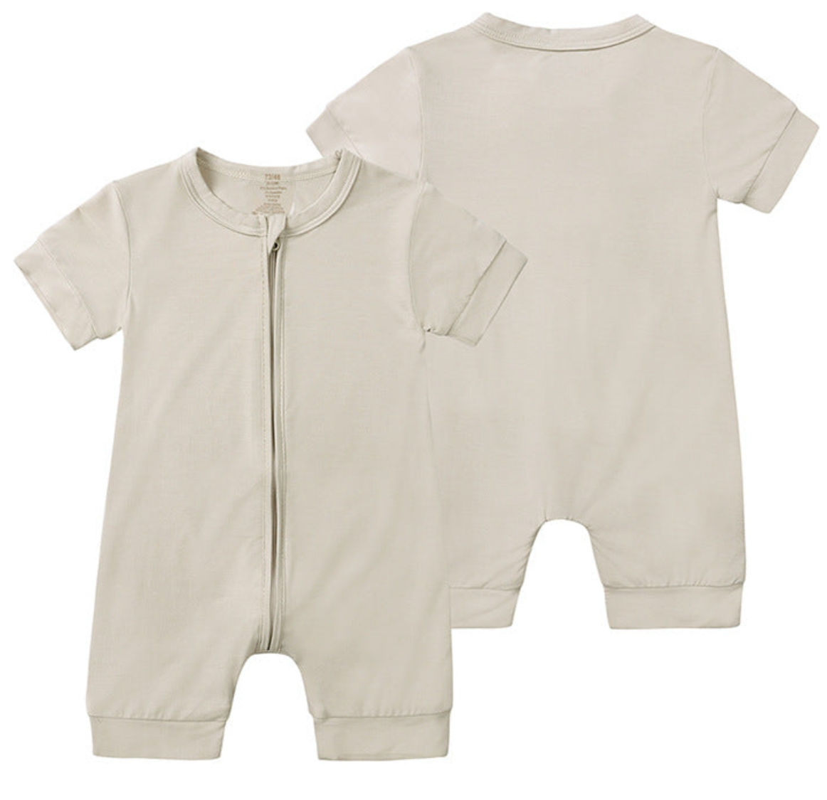 Beloved Bubs short sleeve bamboo romper in beige – front and back view of lightweight, hypoallergenic baby outfit with zipper