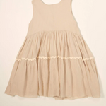 Soft 100% cotton girls dress in beige with playful rick-rack trim and button placket back | Dream Nu