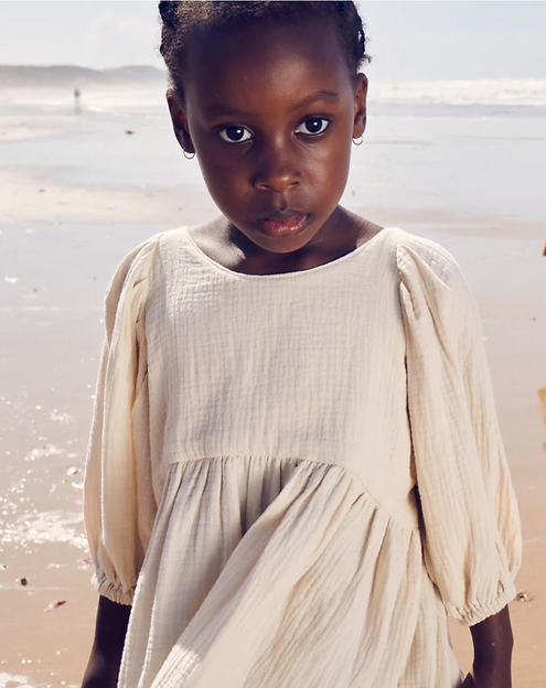 The Gaia Cotton Girls Dress in Sand – a breathable, oversized cotton dress with elegant puffed sleeves, perfect for stylish and comfortable wear | Dream Nu
