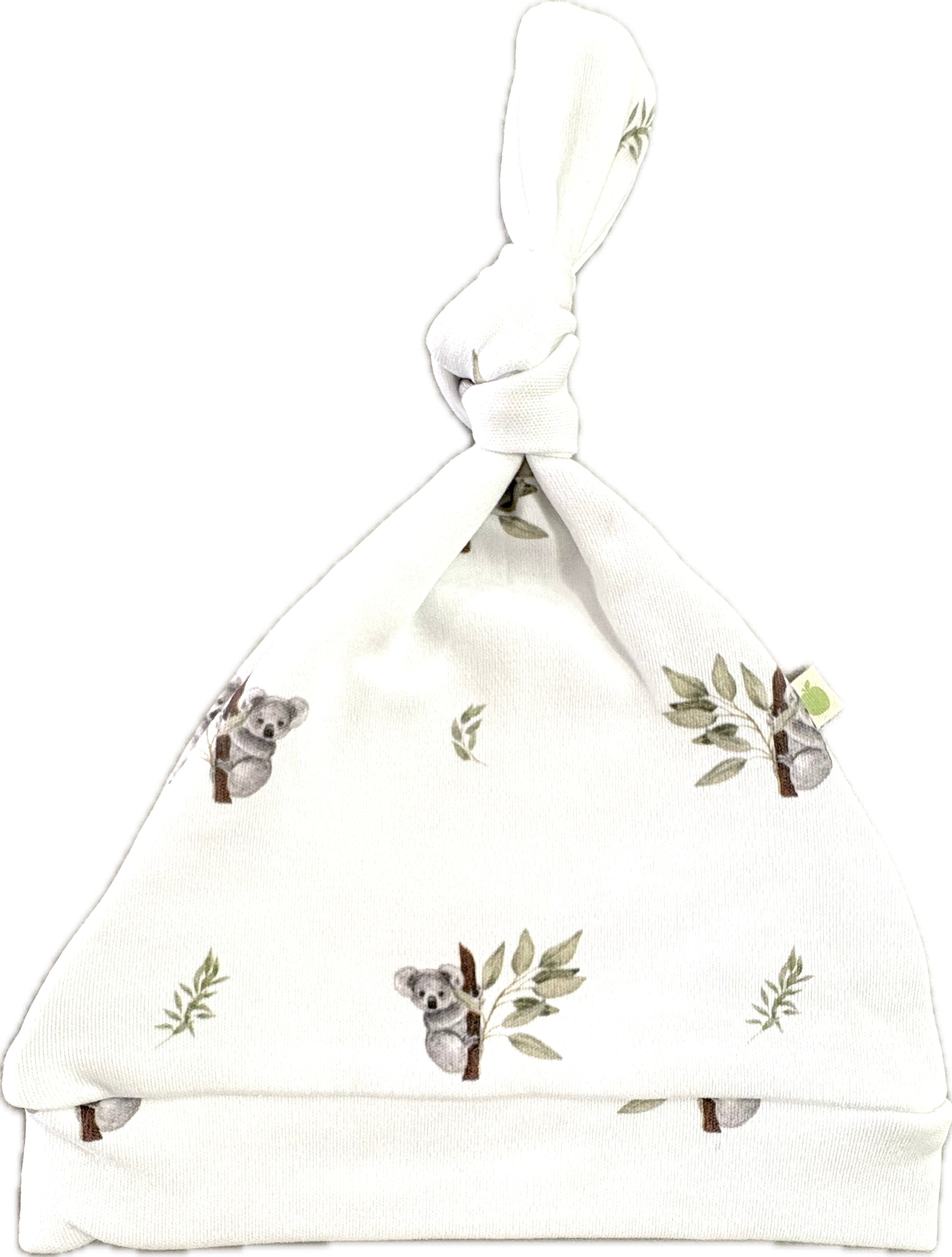 Front view of the newborn organic koala beanie with top-knot.