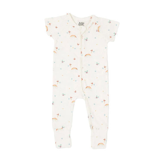 Organic cotton rainbow baby romper with soft fold-over cuffs
